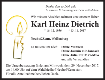 Traueranzeige von Karl Heinz Dietrich von Neustadt/ Scheinfeld/ Uffenheim