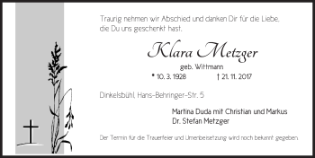 Traueranzeige von Klara Metzger von Dinkelsbühl/ Feuchtwangen