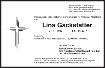 Traueranzeige von Lina Gackstatter von Ansbach