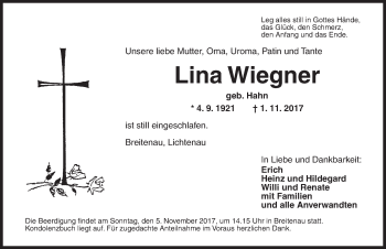 Traueranzeige von Lina Wiegner von Dinkelsbühl/ Feuchtwangen