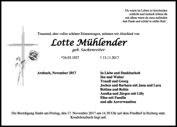 Traueranzeige von Lotte Mühlender von Dinkelsbühl/ Feuchtwangen