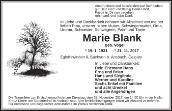 Traueranzeige von Marie Blank von Ansbach