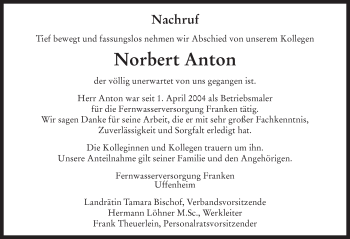 Traueranzeige von Norbert Anton von Neustadt/ Scheinfeld/ Uffenheim