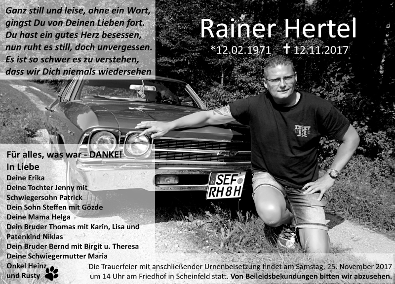  Traueranzeige für Rainer Hertel vom 22.11.2017 aus Neustadt/ Scheinfeld/ Uffenheim