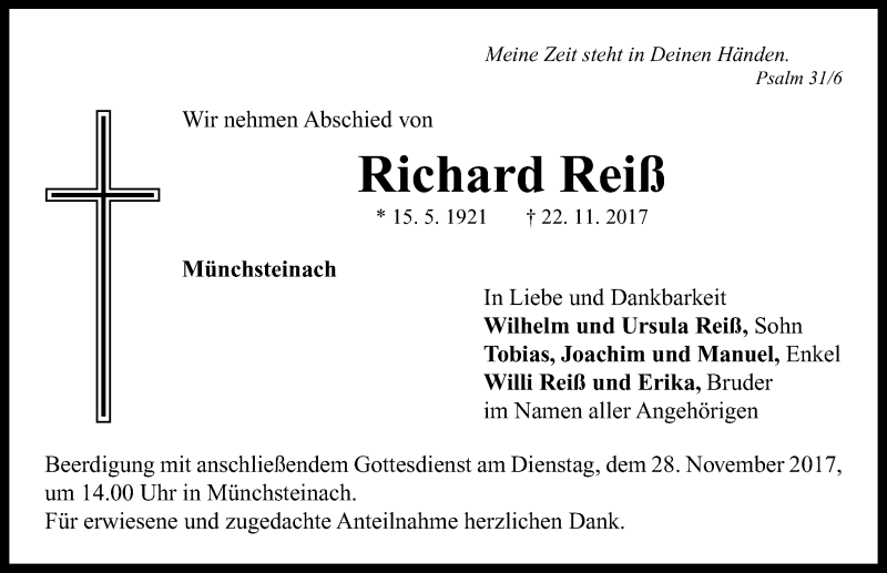  Traueranzeige für Richard Reiß vom 25.11.2017 aus Neustadt/ Scheinfeld/ Uffenheim