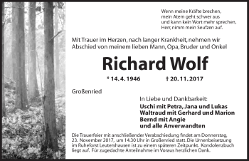 Traueranzeige von Richard Wolf von Ansbach