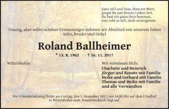 Traueranzeige von Roland Ballheimer von Dinkelsbuhl/ Feuchtwangen