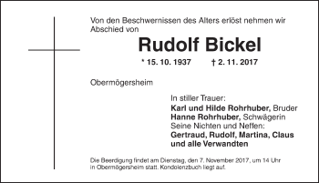 Traueranzeige von Rudolf Bickel von Dinkelsbühl/ Feuchtwangen