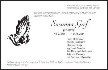 Traueranzeige von Susanna Gref von Dinkelsbühl/ Feuchtwangen