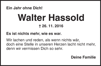 Traueranzeige von Walter Hassold von Dinkelsbühl/ Feuchtwangen