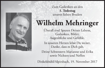 Traueranzeige von Wilhelm Mehringer von Dinkelsbühl/ Feuchtwangen