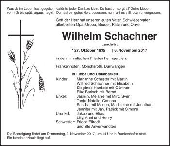 Traueranzeige von Wilhelm Schachner von Dinkelsbühl/ Feuchtwangen