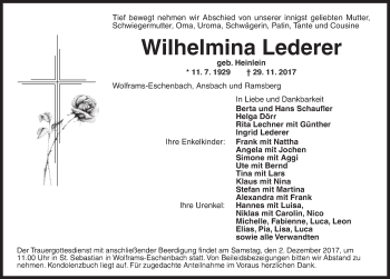 Traueranzeige von Wilhelmina Lederer von Ansbach