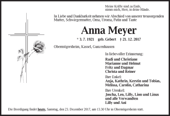 Traueranzeige von Anna Meyer von Dinkelsbuhl/ Feuchtwangen