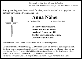 Traueranzeige von Anna Näher von Rothenburg