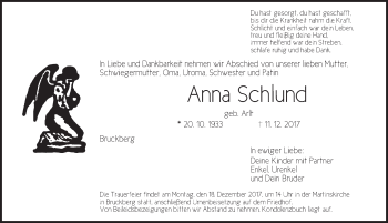 Traueranzeige von Anna Schlund von Ansbach