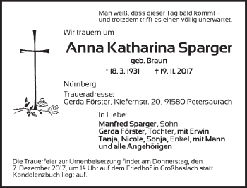 Traueranzeige von Anna Katharina Sparger von Ansbach