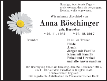 Traueranzeige von Anne Röschinger von Ansbach