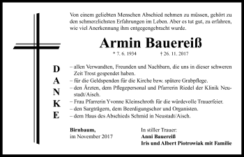 Traueranzeige von Armin Bauerreiß von Neustadt/ Scheinfeld/ Uffenheim