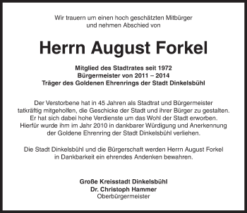 Traueranzeige von August Forkel von Dinkelsbühl/ Feuchtwangen