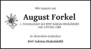 Traueranzeige von August Forkel von Dinkelsbuhl/ Feuchtwangen