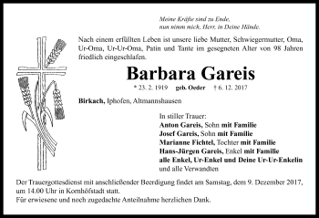 Traueranzeige von Barbara Gareis von Neustadt/ Scheinfeld/ Uffenheim