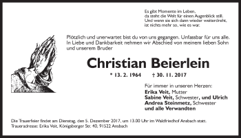 Traueranzeige von Christian Beierlein von Ansbach