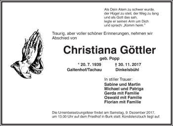 Traueranzeige von Christiana Göttler von Dinkelsbuhl/ Feuchtwangen