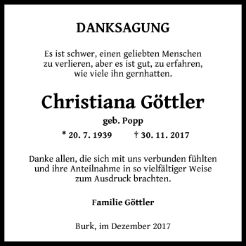 Traueranzeige von Christiana Göttler von Dinkelsbühl/ Feuchtwangen