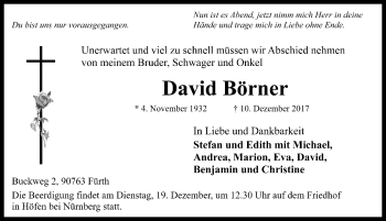 Traueranzeige von David Börner von Rothenburg