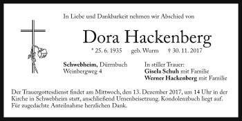 Traueranzeige von Dora Hackenberg von Neustadt/ Scheinfeld/ Uffenheim