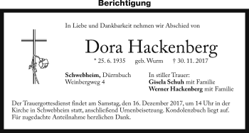 Traueranzeige von Dora Hackenberg von Neustadt/ Scheinfeld/ Uffenheim