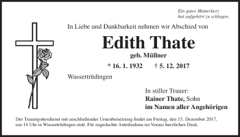 Traueranzeige von Edith Thate von Dinkelsbühl/ Feuchtwangen