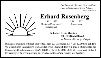 Traueranzeige von Erhard Rosenberg von Neustadt/ Scheinfeld/ Uffenheim