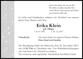 Traueranzeige von Erika Klein von Neustadt/ Scheinfeld/ Uffenheim