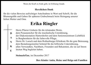 Traueranzeige von Erika Ringler von Rothenburg