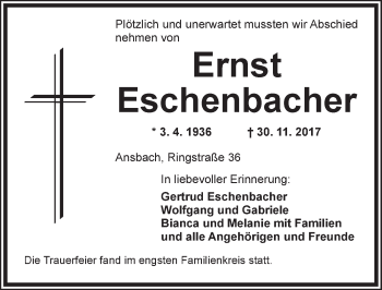 Traueranzeige von Ernst Eschenbacher von Ansbach