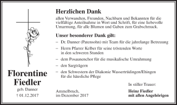 Traueranzeige von Florentine Fiedler von Dinkelsbühl/ Feuchtwangen