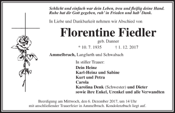 Traueranzeige von Florentine Fiedler von Dinkelsbühl/ Feuchtwangen