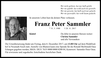 Traueranzeige von Franz Peter Sammler von Neustadt/ Scheinfeld/ Uffenheim