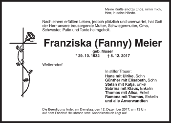 Traueranzeige von Franziska Meier von Ansbach