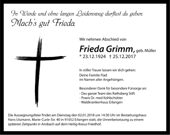 Traueranzeige von Frieda Grimm von Ansbach