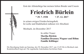 Traueranzeige von Friedrich Bürlein von Dinkelsbühl/ Feuchtwangen