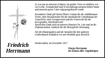 Traueranzeige von Friedrich Herrman von Ansbach