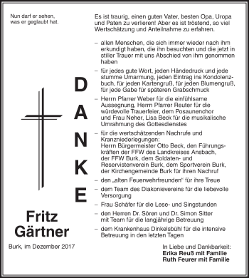 Traueranzeige von Fritz Gärtner von Dinkelsbühl/ Feuchtwangen