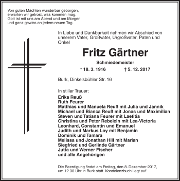 Traueranzeige von Fritz Gärtner von Dinkelsbuhl/ Feuchtwangen