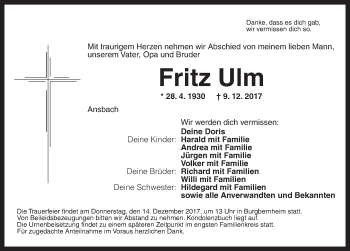 Traueranzeige von Fritz Ulm von Neustadt/ Scheinfeld/ Uffenheim