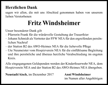 Traueranzeige von Fritz Windsheimer von Neustadt/ Scheinfeld/ Uffenheim