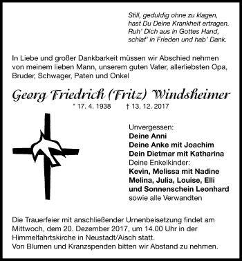 Traueranzeige von Georg Friedrich Windsheimer von Neustadt/ Scheinfeld/ Uffenheim