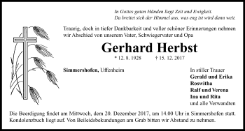 Traueranzeige von Gerhard Herbst von Neustadt/ Scheinfeld/ Uffenheim